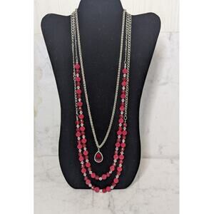 C 1946 multiple strand red clear and silver beaded statement necklace